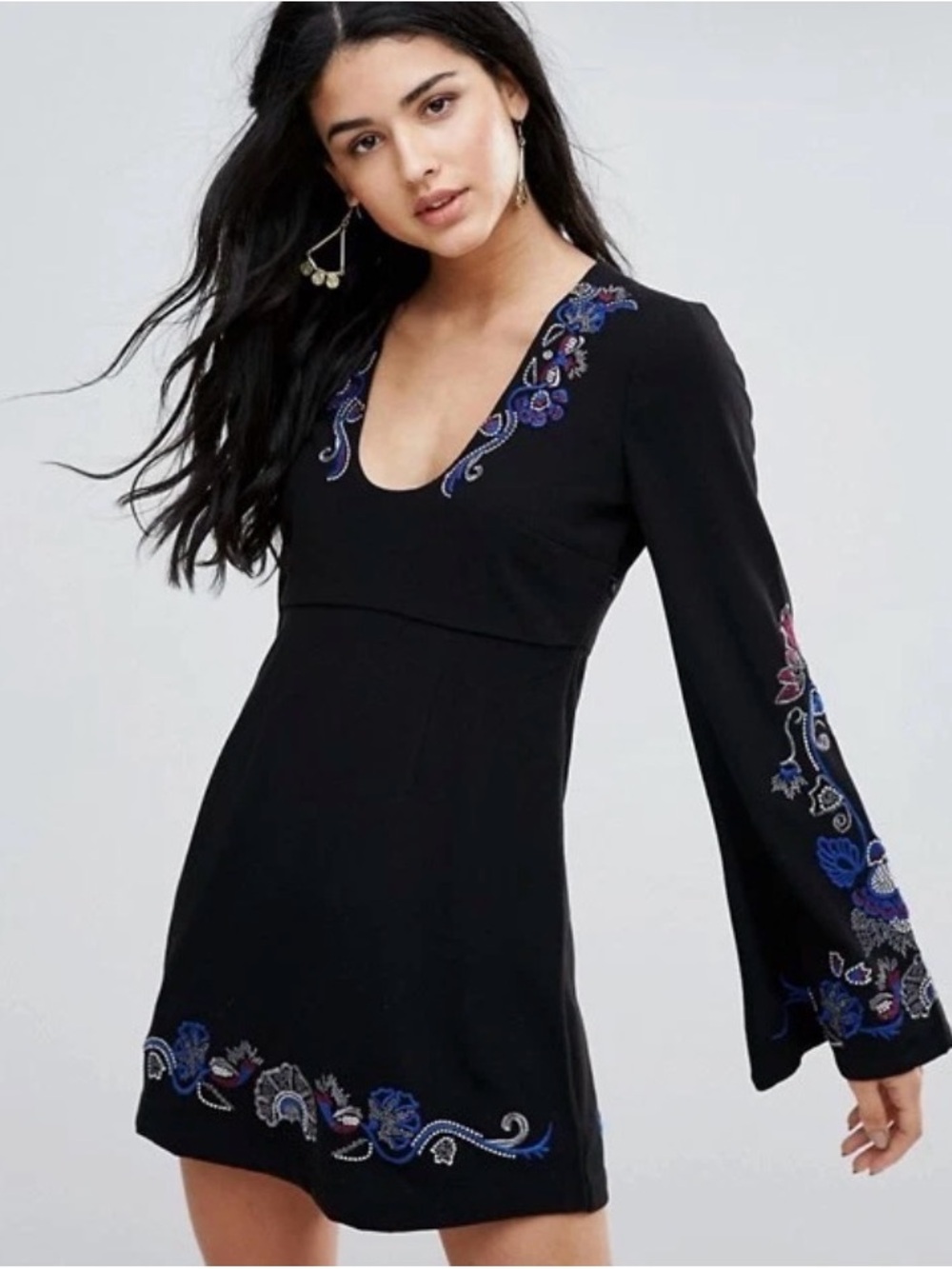 Free People Black Mini Dress with Blue & Purple Embroidery, size small